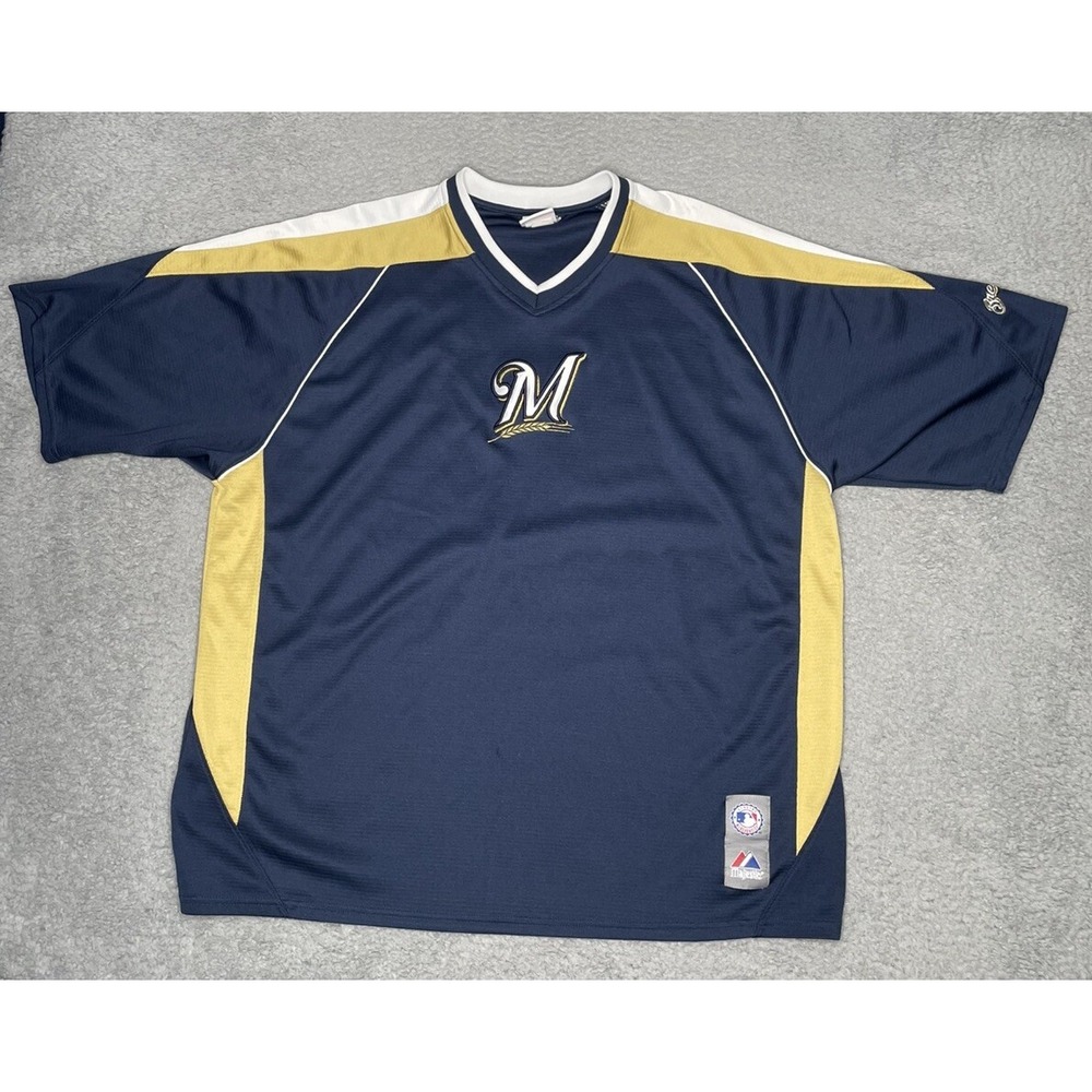Majestic MLB CoolBase‎ Milwaukee Brewers Practice Jersey Shirt Mens L Navy Blue